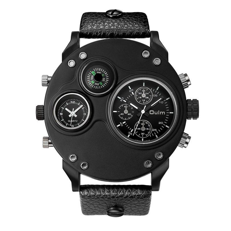 Zwart Lederen Dubbele Tijdzone Quartz Horloge