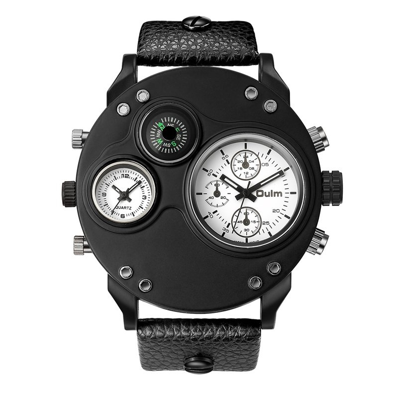 Zwart Lederen Dubbele Tijdzone Quartz Horloge